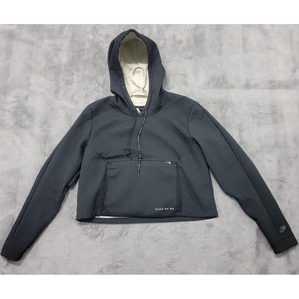 Nike Hoodie Womens Medium Black Tech Pack Cropped Lined Pullover Zip Pocket